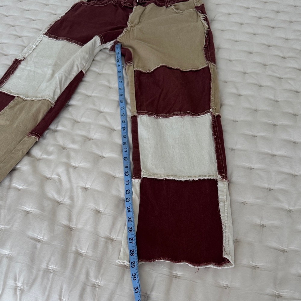 Women’s Patchwork Denim Jeans Wide-Leg Pants in Burgundy, Beige & Ivory size L - Picture 8 of 11
